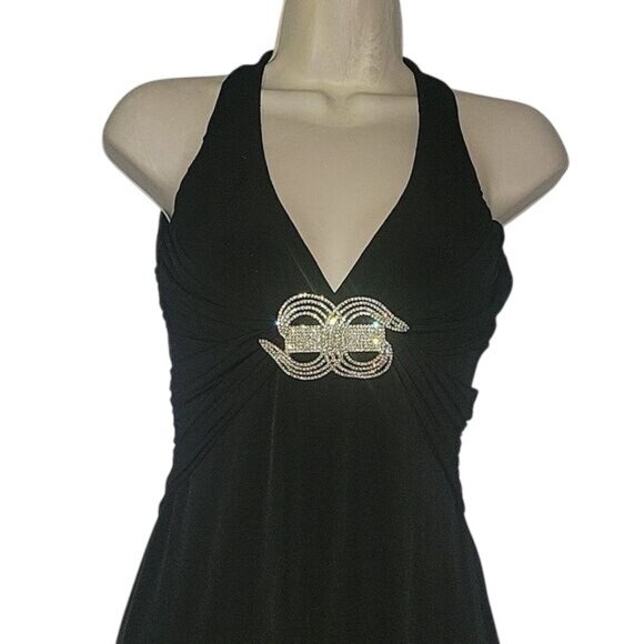 Black Halter Evening Gown With Rhinestone Embellishment & Flowing Sheer‎ Layers - Picture 3 of 9